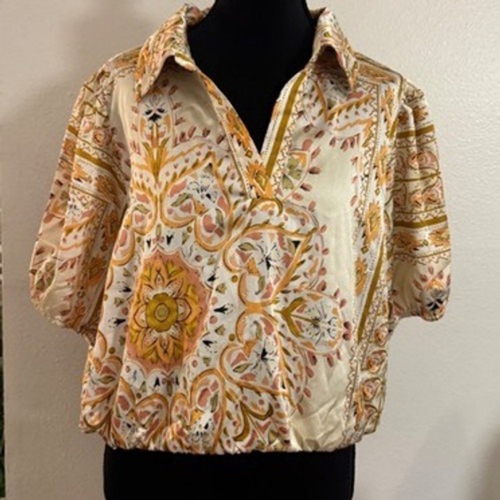 Alice Blue Womens XL Yellow Orange Paisley Medallion Puff Sleeve Elastic Hem Top